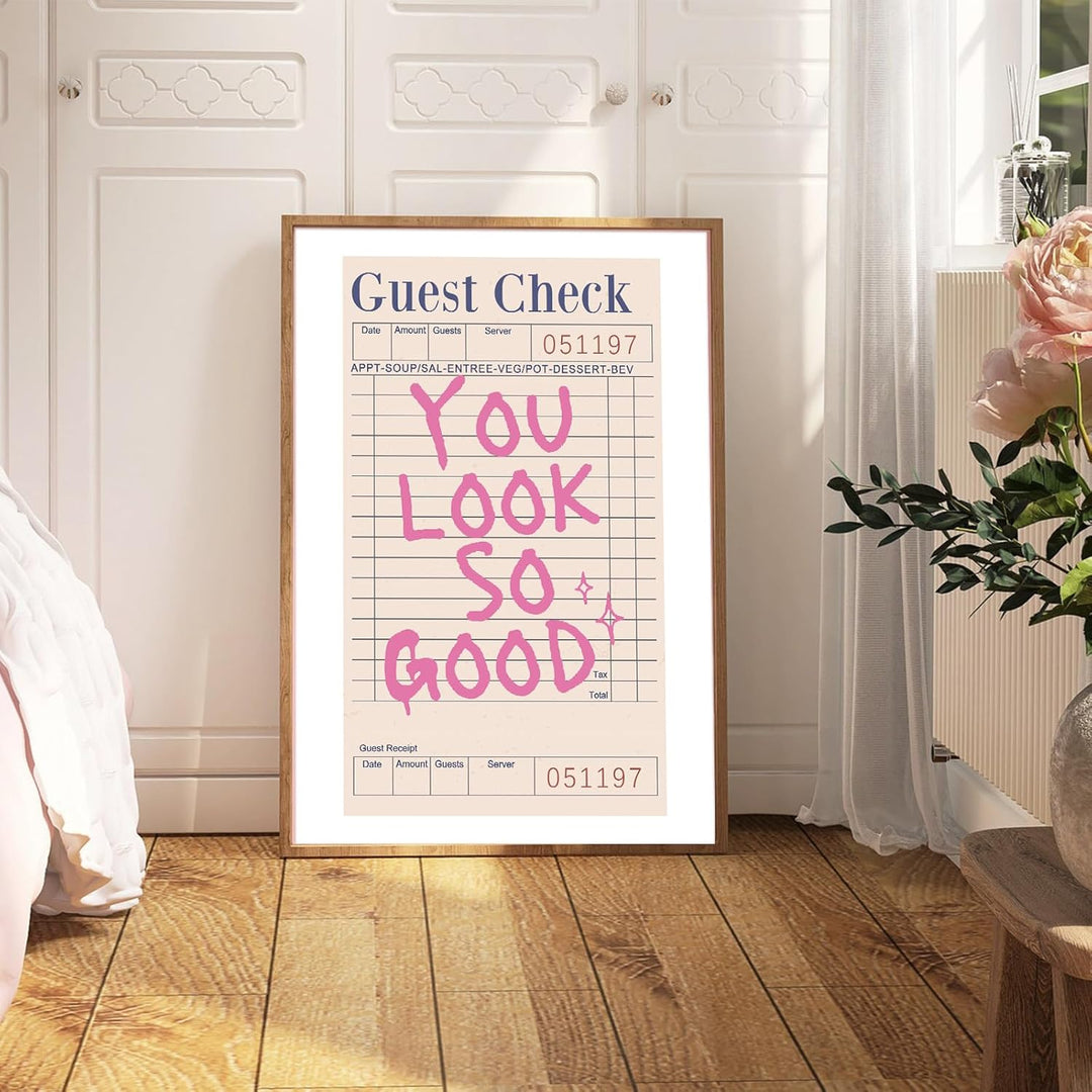 VibeCore You Look So Good canvas print framed against wall, bold typography art for bedroom, dorm, or apartment decor with playful and confident aesthetic.