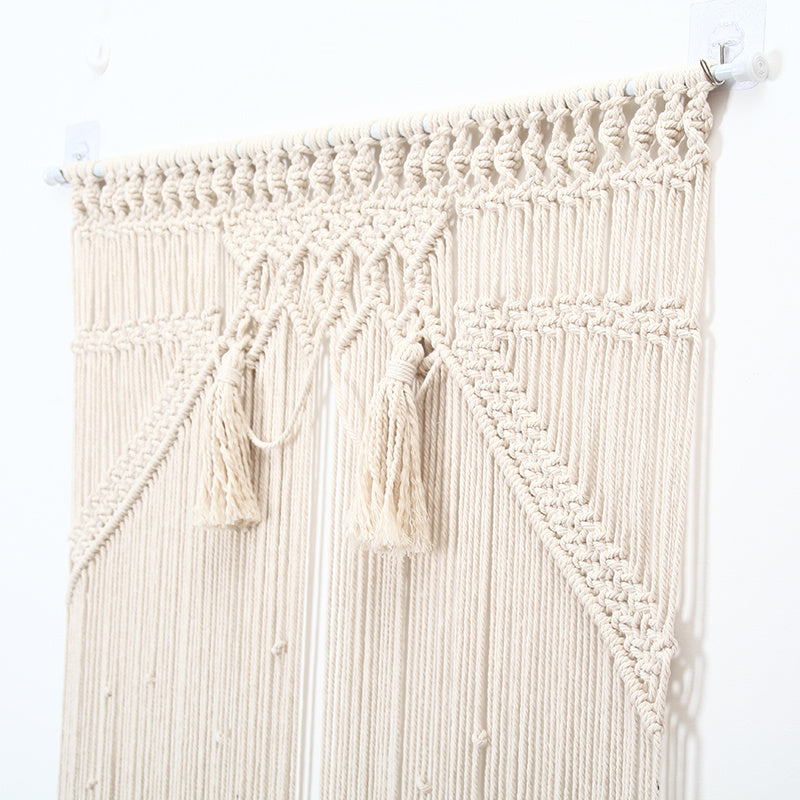 VibeCore Zen Fringe Handmade Macrame Curtain Hanging In Doorway Close Up Side View