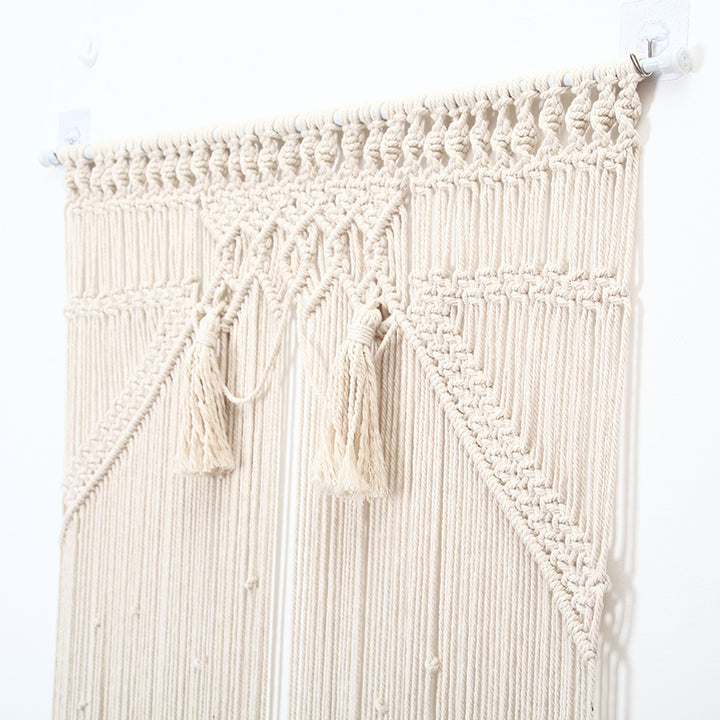 VibeCore Zen Fringe Handmade Macrame Curtain Hanging In Doorway Close Up Side View