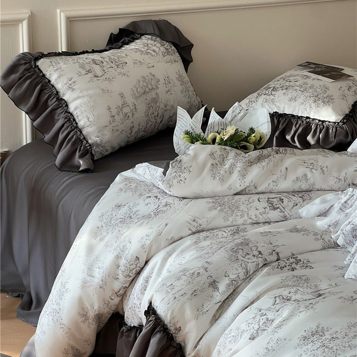 Black Ruffles French Toile Bedding Set