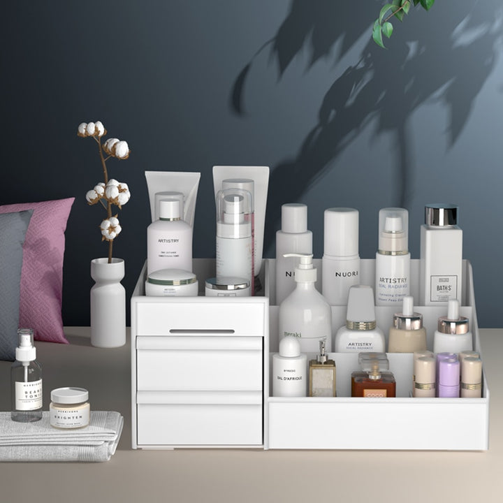 VibeCore 3-Layer Makeup Organizer white, alternative front view, showcasing clean design, multiple storage compartments, compact storage for cosmetics, skincare, beauty essentials, mini drawers, organized vanity, space-efficient, modern plastic organizer, practical beauty storage, home decor.