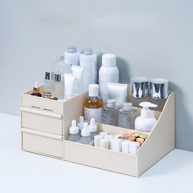 VibeCore 3-Layer Makeup Organizer Beige product view highlighting stylish beige color, elegant cosmetic storage, compact design, multi-tier organizer, makeup holder, skincare organizer, versatile beauty storage, space-saving solution, vanity organizer, modern makeup storage.