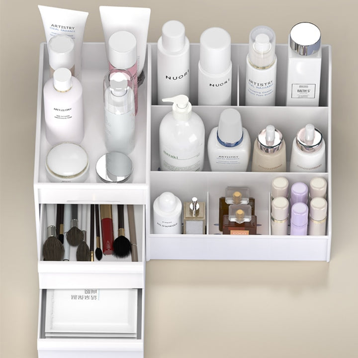 VibeCore 3-Layer Makeup Organizer white, alternative aerial view, spacious storage compartments, makeup organizer, sleek design, cosmetic storage solution, modern vanity accessory, beauty products organizer, multi-tier organizer, space-efficient, elegant and functional storage.