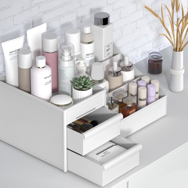 VibeCore 3-Layer Makeup Organizer white, alternative side view, sleek design, multi-level storage, compact makeup holder, organized vanity, cosmetic organizer, space-saving, functional storage solution, modern plastic organizer, clean and elegant beauty storage, home decor.