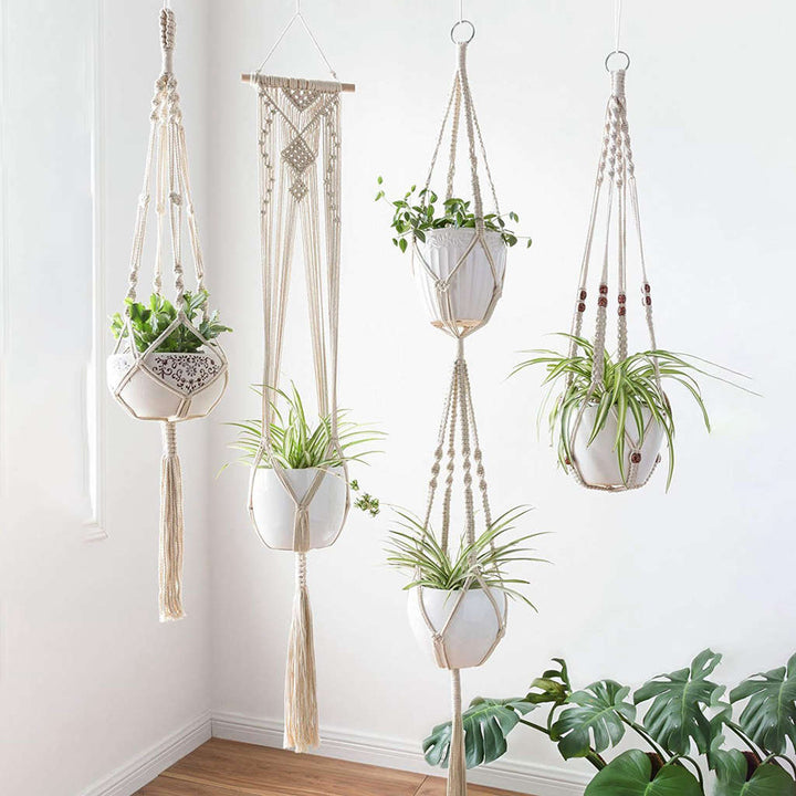 VibeCore 4-Pack Macrame Plant Hangers Hanging In Plant Room
