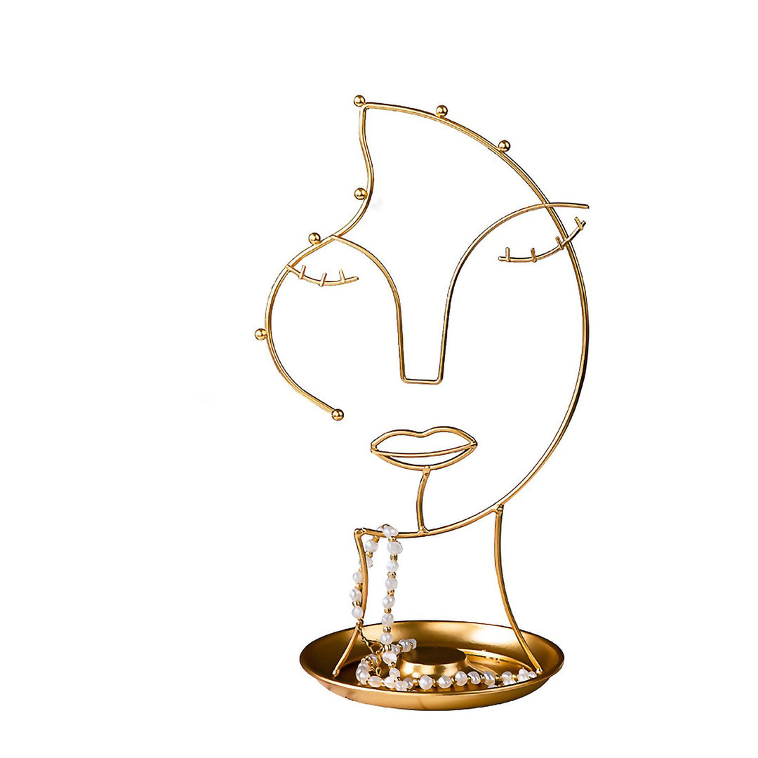 VibeCore Abstract Beauty Jewelry Stand base and product view, featuring a unique abstract female face design in durable gold iron metal, perfect for organizing jewelry with a stylish and functional base tray.