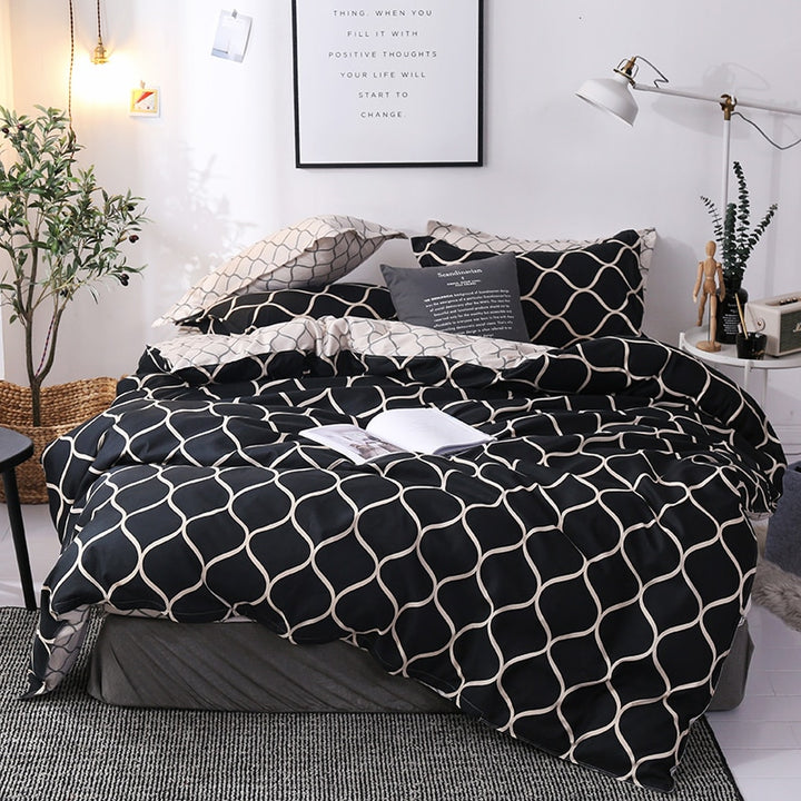 Front view of the VibeCore Aesthetic Black Beehive Duvet Cover Set, showcasing a striking beehive pattern in black with gold accents. Crafted from a soft cotton-polyester blend, this bedding set brings modern sophistication and comfort to any bedroom or dorm.