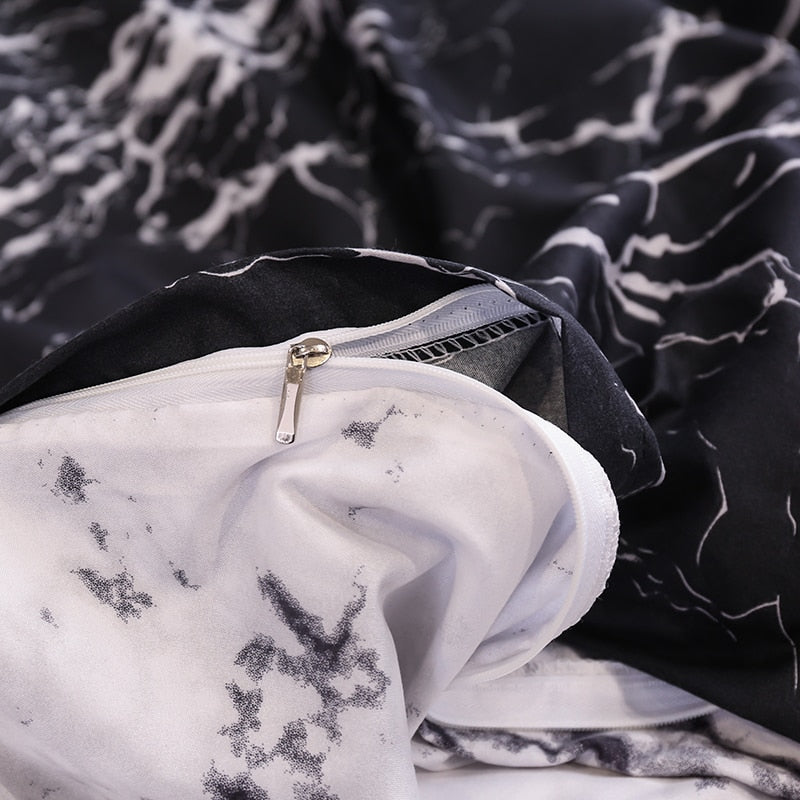 Close-up of the zipper detail on the VibeCore Aesthetic Black Marble Duvet Cover Set, showcasing the durable and sleek zipper design. The high-quality zipper ensures easy use while maintaining the set's modern, sophisticated black marble aesthetic.