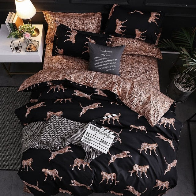 Aerial view of the VibeCore Aesthetic Cheetah Cat Duvet Cover Set, showcasing a playful and bold cheetah print design for a unique, vibrant addition to your bedroom  or dorm decor.