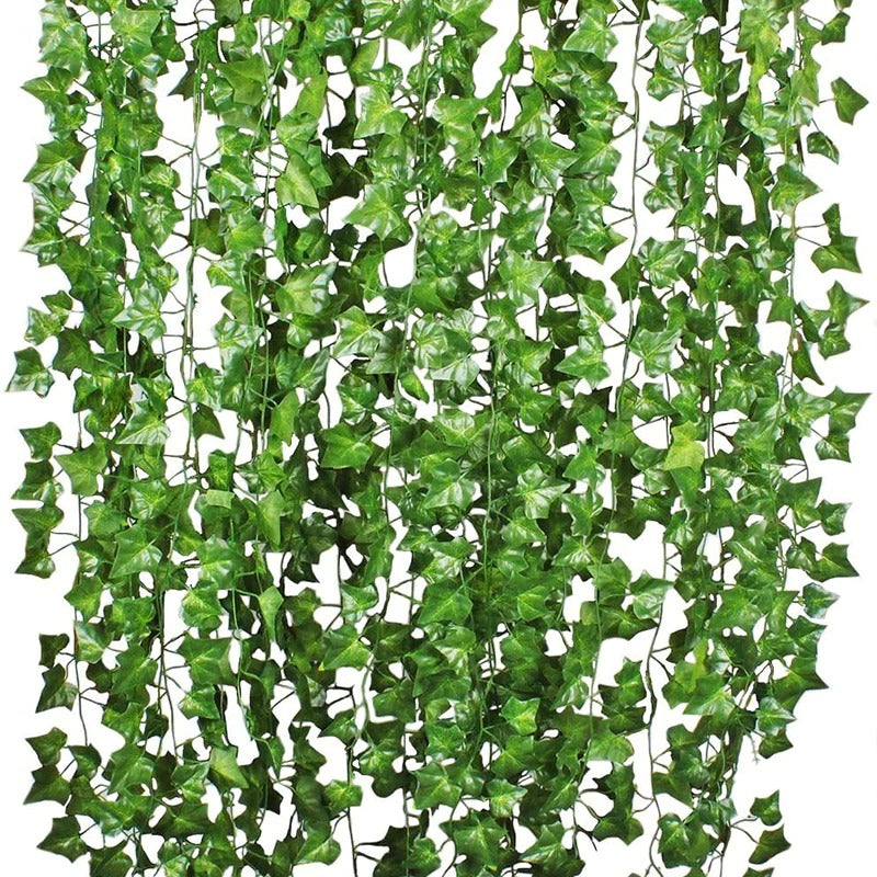 VibeCore Artificial Vine Garland Bundle 12 Pack product photo, showcasing a set of 12 long, lush fake ivy vines. Perfect for enhancing room decor, these flexible, low-maintenance vines add vibrant greenery and a natural touch to any space, ideal for draping on walls, ceilings, or furniture.