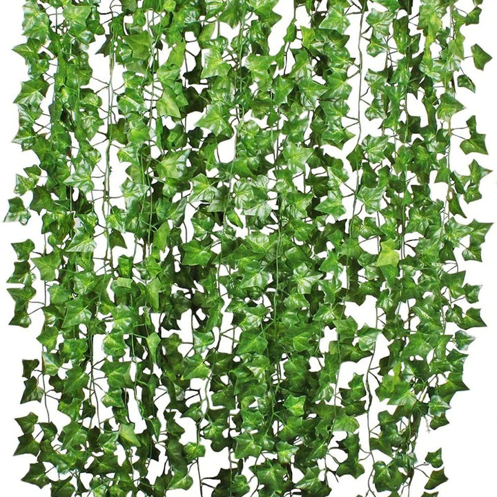 VibeCore Artificial Vine Garland Bundle 12 Pack product photo, showcasing a set of 12 long, lush fake ivy vines. Perfect for enhancing room decor, these flexible, low-maintenance vines add vibrant greenery and a natural touch to any space, ideal for draping on walls, ceilings, or furniture.