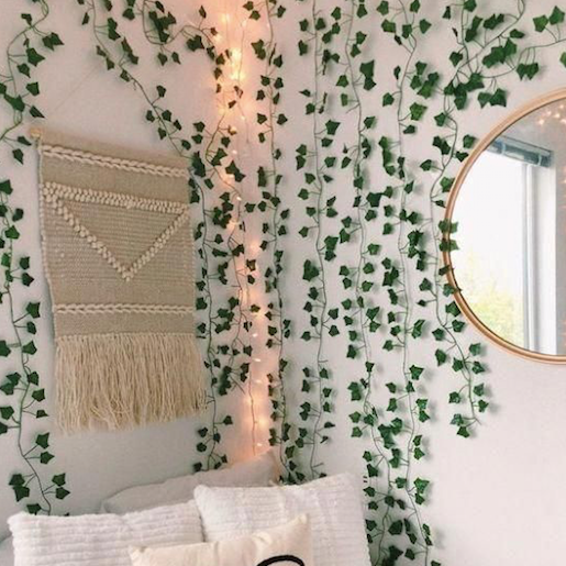 VibeCore Artificial Vine Garland Bundle on a boho wall, featuring lush, fake ivy vines draping beautifully for an effortless natural vibe. This flexible and low-maintenance decor transforms any room, creating a Pinterest-worthy backdrop or adding greenery to your bedroom, dorm, or apartment.