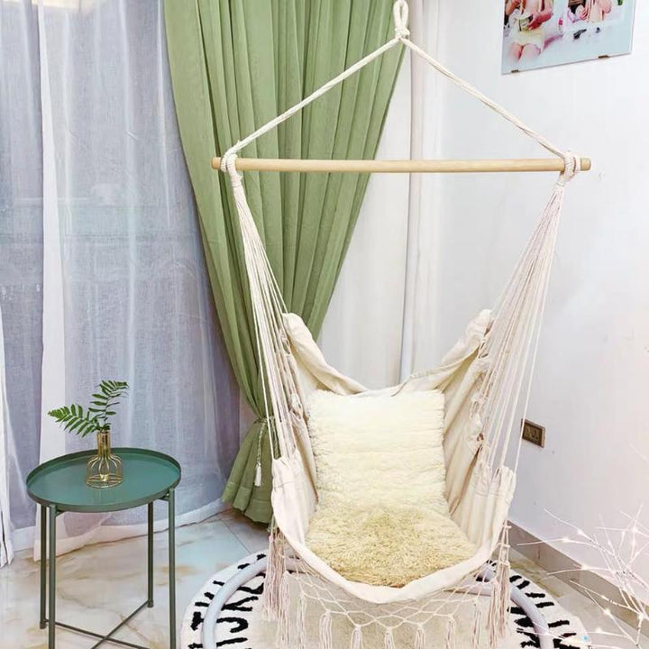 Aesthetic Bohemia style hanging hammock chair made of high-quality cotton thread perfect for adding a cozy, bohemian touch to your space while providing durable comfort for lounging or reading.