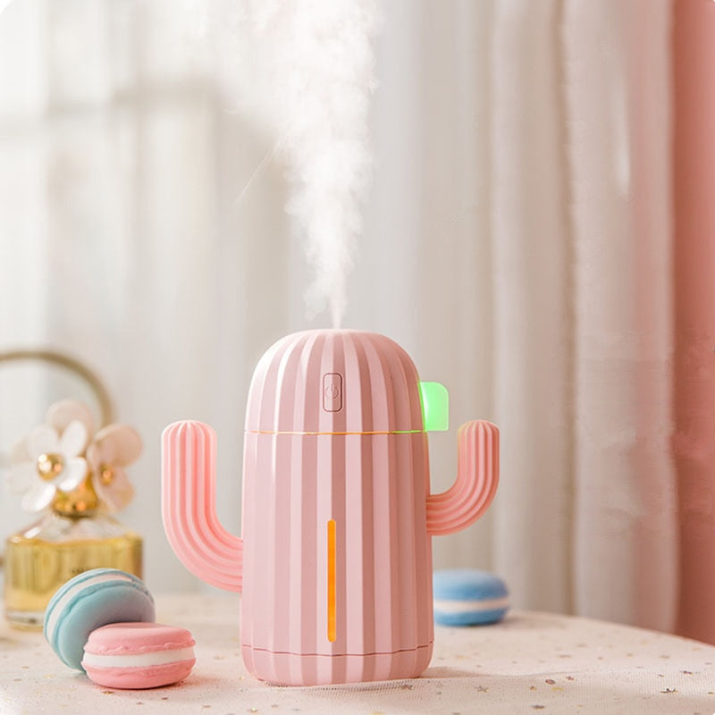 VibeCore Cactus Humidifier Blossom, featuring a cute cactus design with a 340ml tank, essential oil compatibility, and quiet operation, perfect for freshening up any space.
