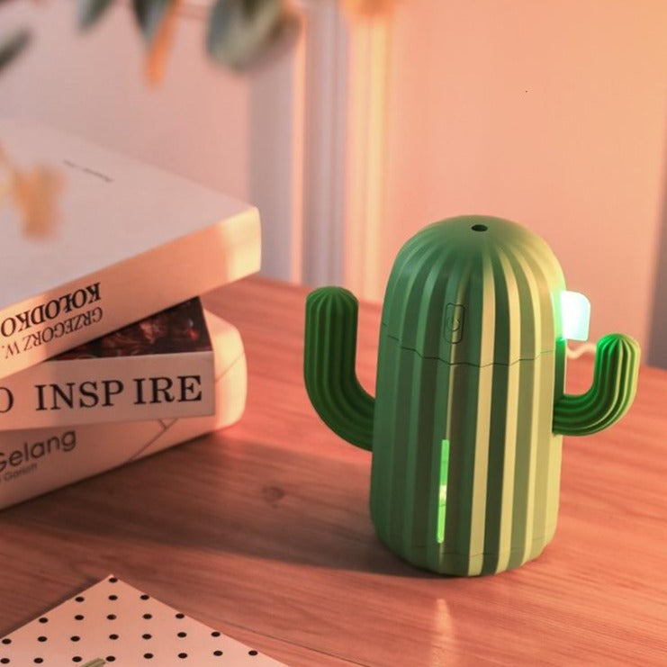 VibeCore Cactus Humidifier green, featuring a playful cactus design, 340ml tank, essential oil compatibility, and quiet operation, perfect for refreshing any space.