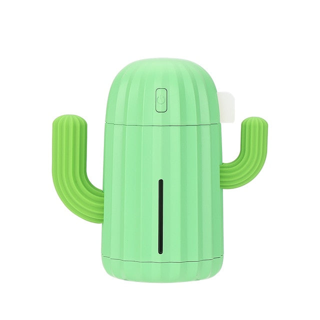 VibeCore Cactus Humidifier green product view, featuring a playful cactus design, 340ml tank, essential oil compatibility, and quiet operation, perfect for refreshing any space.