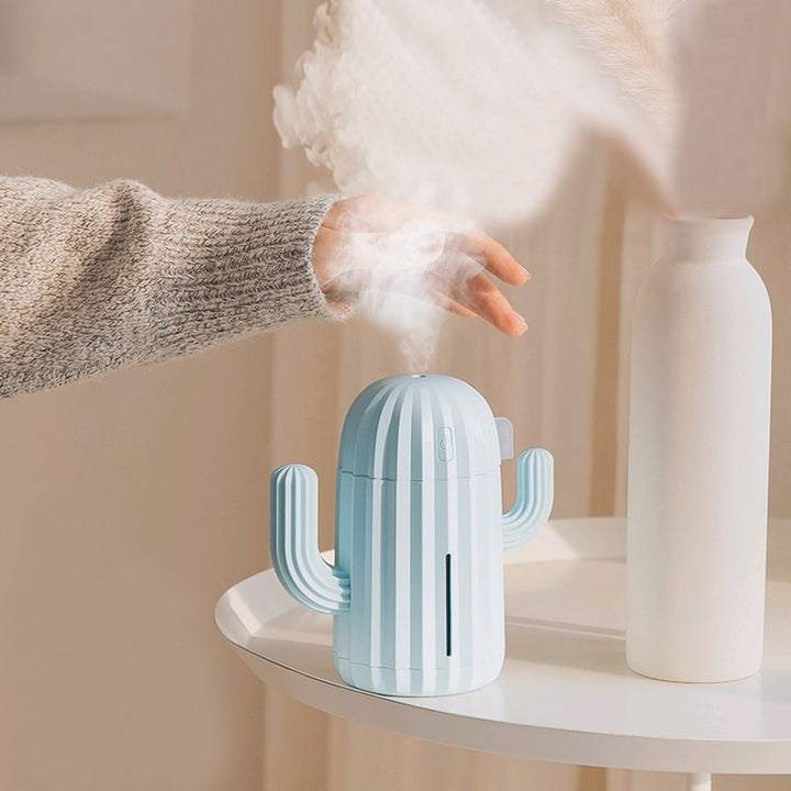 VibeCore Cactus Humidifier sky blue, featuring a playful cactus design, 340ml tank, essential oil compatibility, and quiet operation, perfect for freshening up any space.