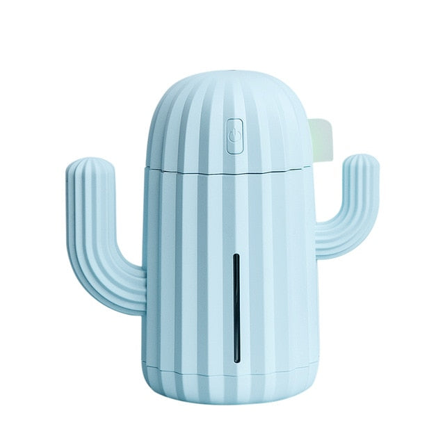 VibeCore Cactus Humidifier sky blue product view, featuring a playful cactus design, 340ml tank, essential oil compatibility, and quiet operation, perfect for refreshing any space.