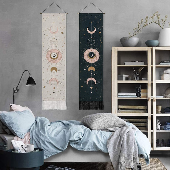 Celestial Moon Phases Wall Hanging in black and white on a bedroom wall, featuring a mystical design with moon phases, adding a celestial boho-chic touch to the room decor.