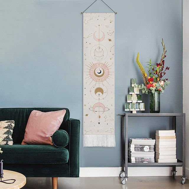 Celestial Moon Phases Wall Hanging in white, a boho-chic cotton-linen tapestry with a mystical design featuring moon phases, adding a celestial touch to your room decor.