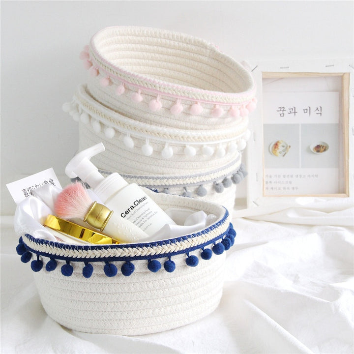 VibeCore Cotton Rope Storage Basket in all 4 colors: gray, navy, light pink, and white, displaying their versatile, eco-friendly design for organizing and decorating.