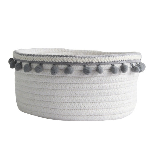 VibeCore Cotton Rope Storage Basket in gray, handmade with natural cotton and jute, perfect for organizing and decorating your bedroom, dorm, or apartment.