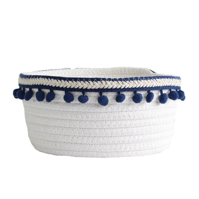 VibeCore Cotton Rope Storage Basket in navy, handmade with natural cotton and jute, perfect for organizing and decorating your bedroom, dorm, or apartment.