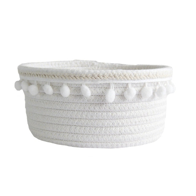 VibeCore Cotton Rope Storage Basket in white, handmade with natural cotton and jute, perfect for organizing and adding a stylish touch to any space.