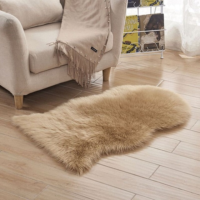 VibeCore Faux Sheepskin Rug/Chair Cover in brown, featuring a soft, fluffy texture that adds comfort and a cozy, stylish touch to any space, perfect for use on the floor or draped over furniture.