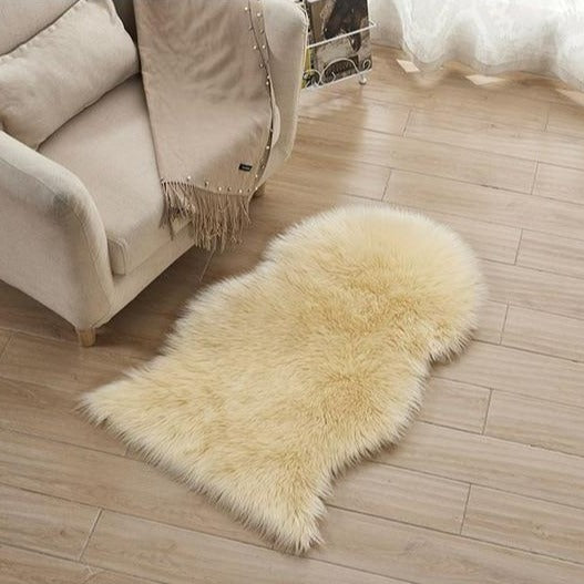 VibeCore Faux Sheepskin Rug/Chair Cover in light yellow, showcasing a plush, cozy texture that adds a bright, soft touch to any space, perfect for use as a rug or draped over a chair for an inviting look.