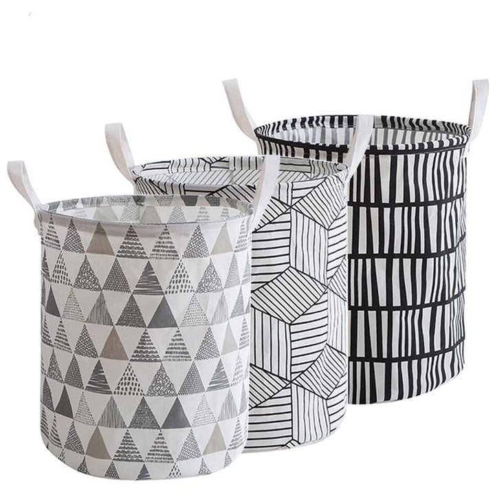 VibeCore Foldable Abstract Laundry Basket in all 3 types, showcasing their large-capacity, waterproof, and dustproof designs with reinforced handles for easy carrying.