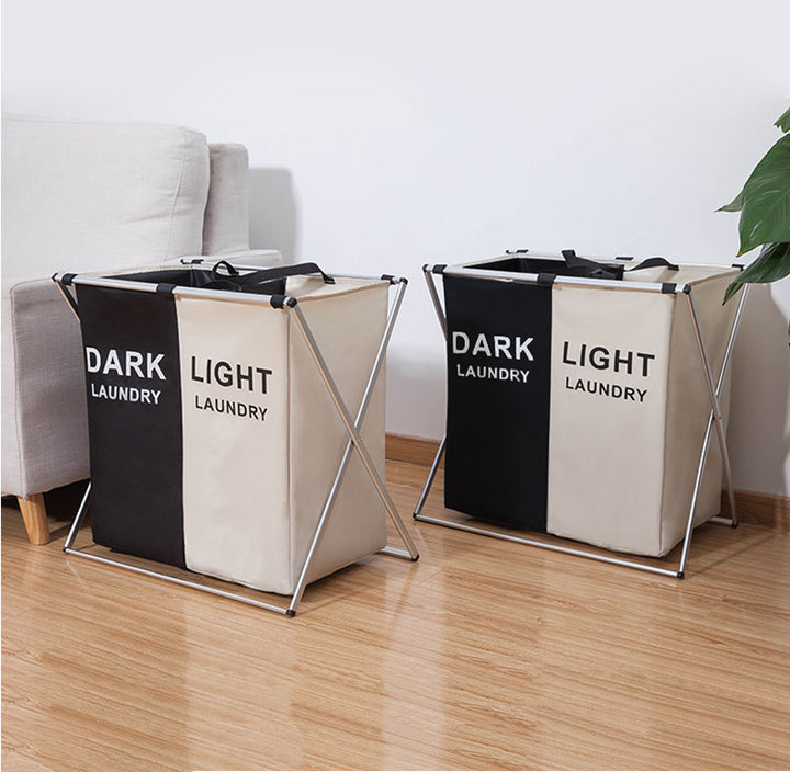 VibeCore Foldable Laundry Basket Organizer in two colors, placed in a living room for convenient and stylish laundry storage, with reinforced handles and a space-saving, foldable design.