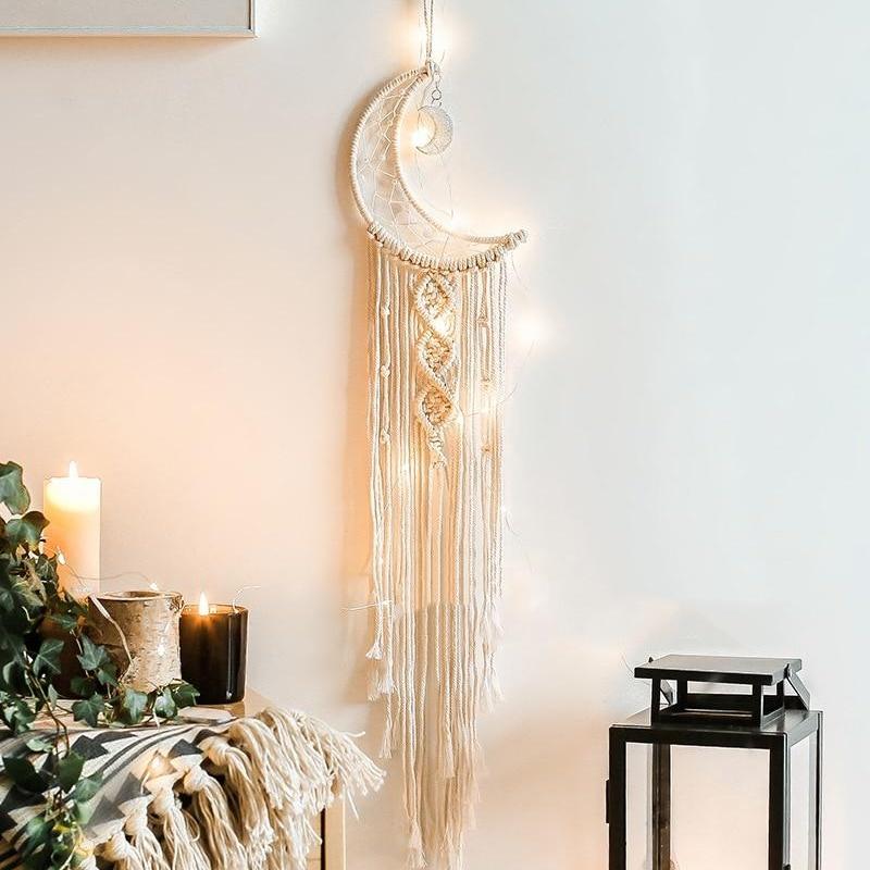 VibeCore Handmade Macrame Moon Wall Hanging, crafted from 100% cotton thread, featuring an intricate and magical moon design to add elegance and whimsy to any room.
