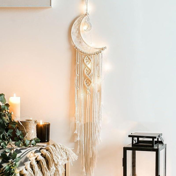 VibeCore Handmade Macrame Moon Wall Hanging, crafted from 100% cotton thread, featuring an intricate and magical moon design to add elegance and whimsy to any room.