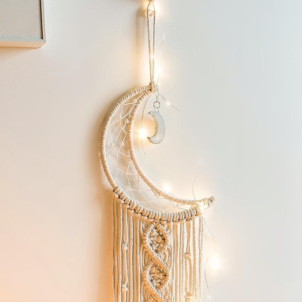 VibeCore Handmade Macrame Moon Wall Hanging close-up of the moon design, showcasing the intricate 100% cotton thread details and elegant, celestial craftsmanship.