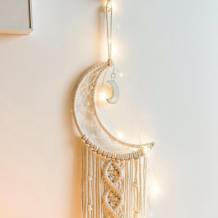 VibeCore Handmade Macrame Moon Wall Hanging close-up of the moon design, showcasing the intricate 100% cotton thread details and elegant, celestial craftsmanship.