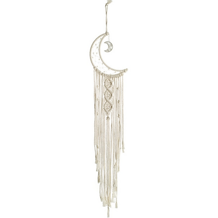VibeCore Handmade Macrame Moon Wall Hanging product view, showcasing the intricate moon design with detailed cotton threads and a boho-inspired aesthetic, perfect for any room.