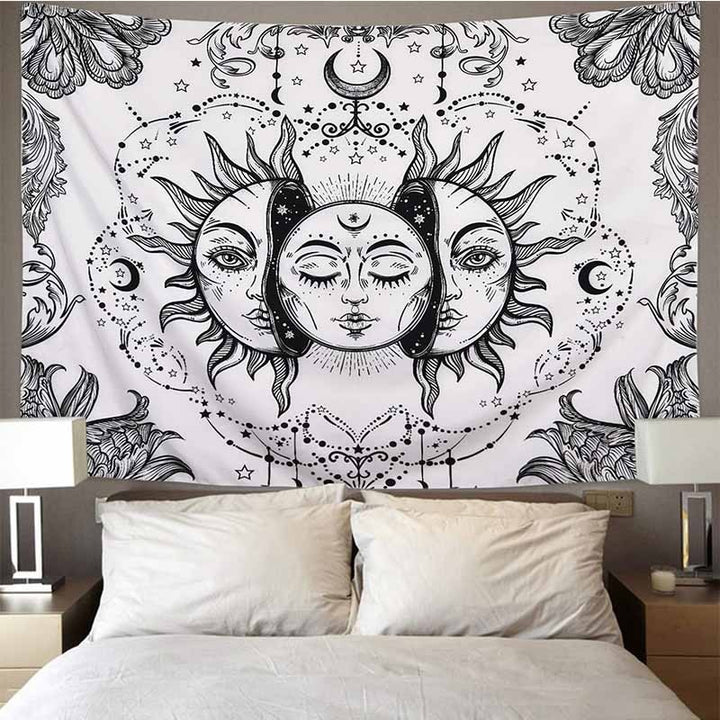 VibeCore Harmony Of The Sun Tapestry Behind Bed