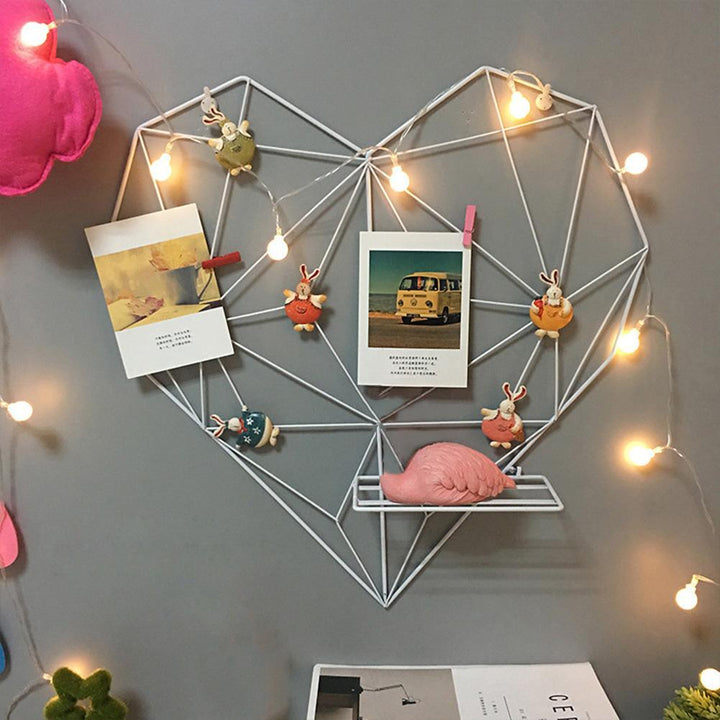 VibeCore Heart-Shaped Metal Frame Wall Display in white, front view, featuring a durable aluminum frame, elegant heart design, photo display, and memo board functionality.
