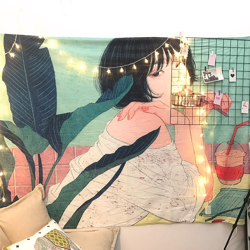 VibeCore Iced Coffee Queen Tapestry On Wall With Grid Board In Front Of It Full View