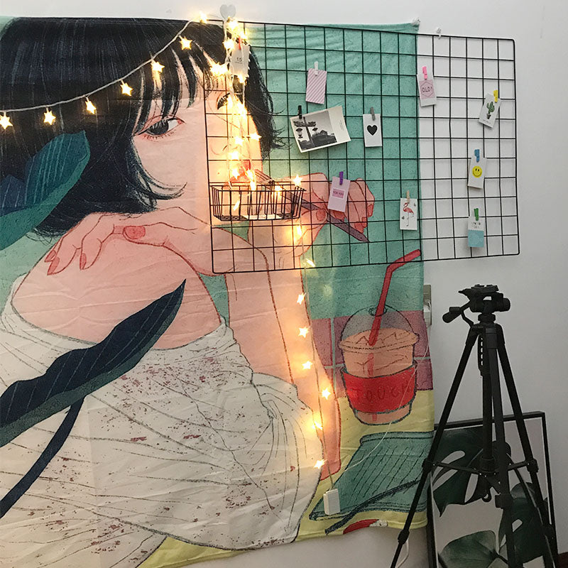 VibeCore Iced Coffee Queen Tapestry On Wall With Grid Board In Front Of it