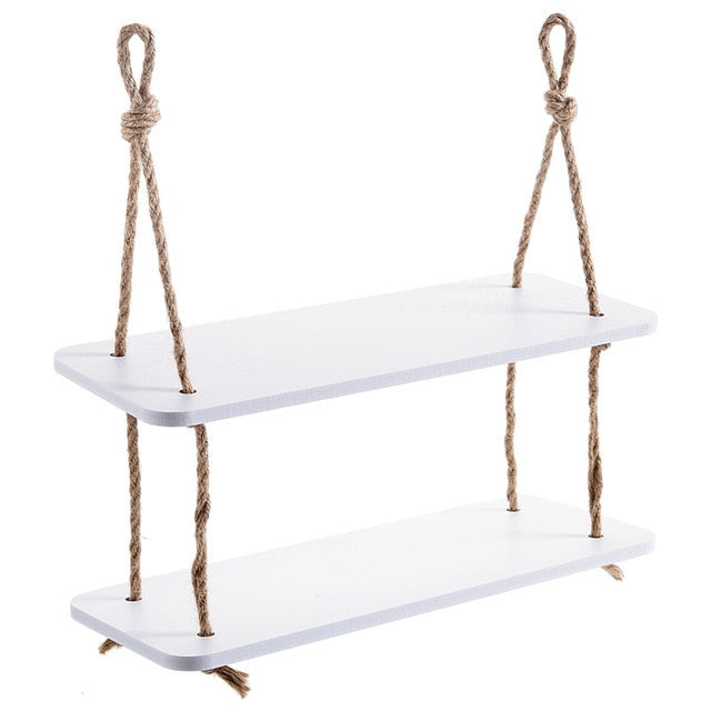 VibeCore Levelled Rope Hanging Shelf with 2 shelves, full product view highlighting its boho rustic design, crafted from hemp rope and wood-plastic, ideal for displaying decor and plants.