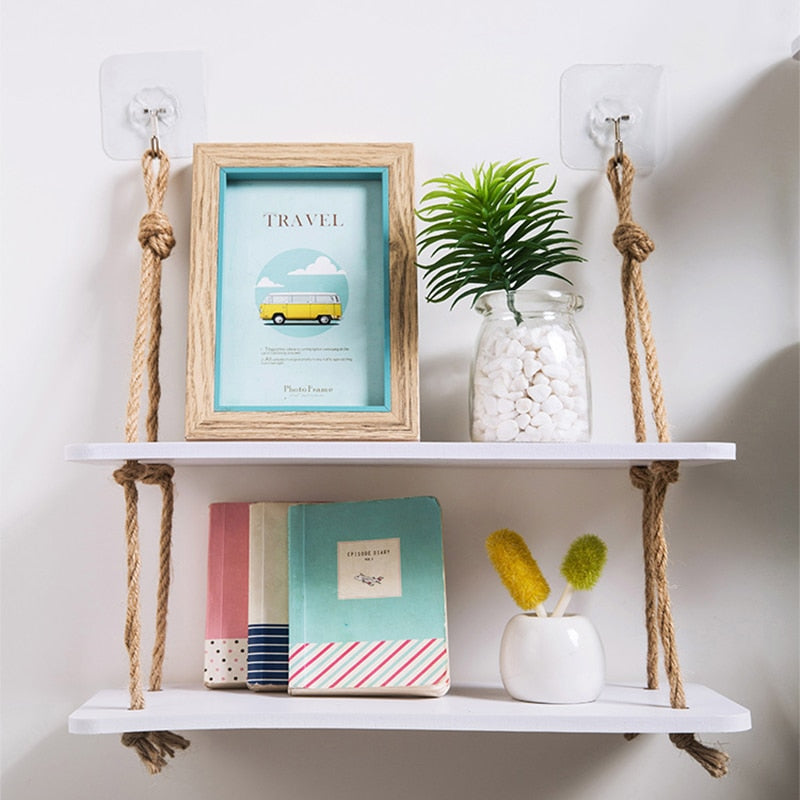 VibeCore Levelled Rope Hanging Shelf with 2 shelves, showcasing its boho rustic design made of hemp rope and wood-plastic, perfect for displaying decor and plants.