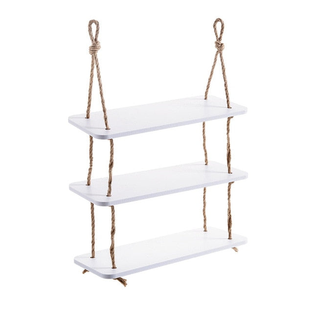 VibeCore Levelled Rope Hanging Shelf with 3 shelves, full product view showcasing its boho rustic design, made from hemp rope and wood-plastic, perfect for displaying decor and plants.