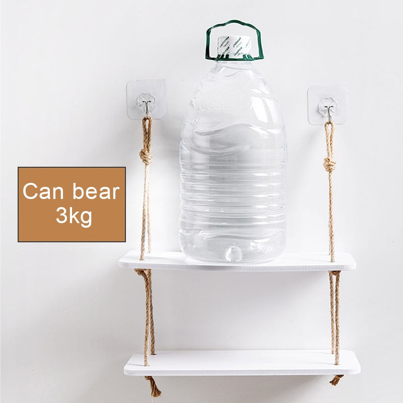 VibeCore Levelled Rope Hanging Shelf, displaying its sturdy design with 2 shelves, capable of holding up to 3kg, made from durable hemp rope and wood-plastic for organizing decor.