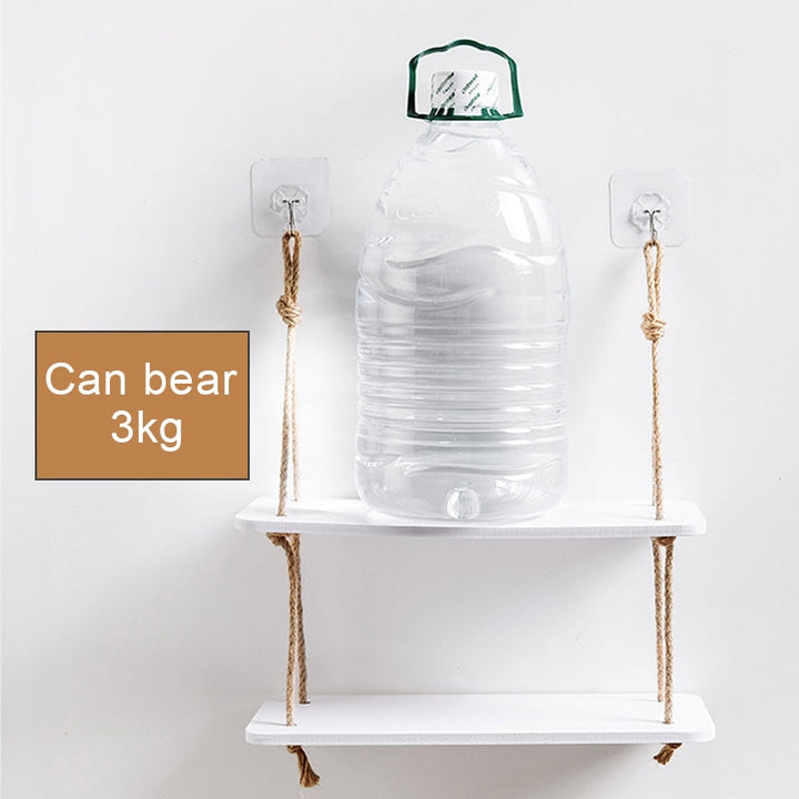 VibeCore Levelled Rope Hanging Shelf, displaying its sturdy design with 2 shelves, capable of holding up to 3kg, made from durable hemp rope and wood-plastic for organizing decor.