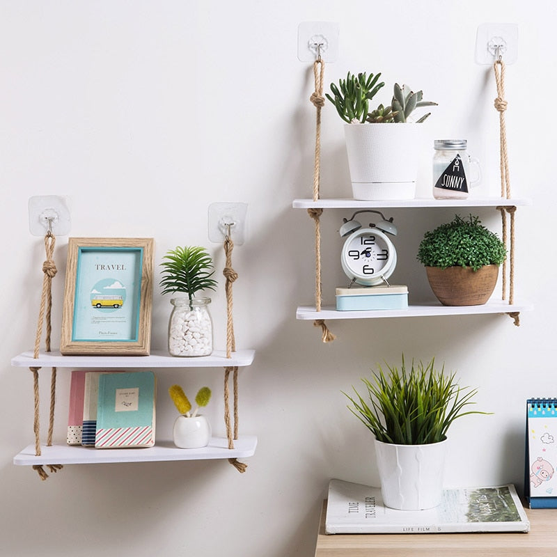 VibeCore Levelled Rope Hanging Shelf with two 2 shelves, mounted on a wall, showcasing its boho rustic design with hemp rope and wood-plastic, perfect for decor and plants.
