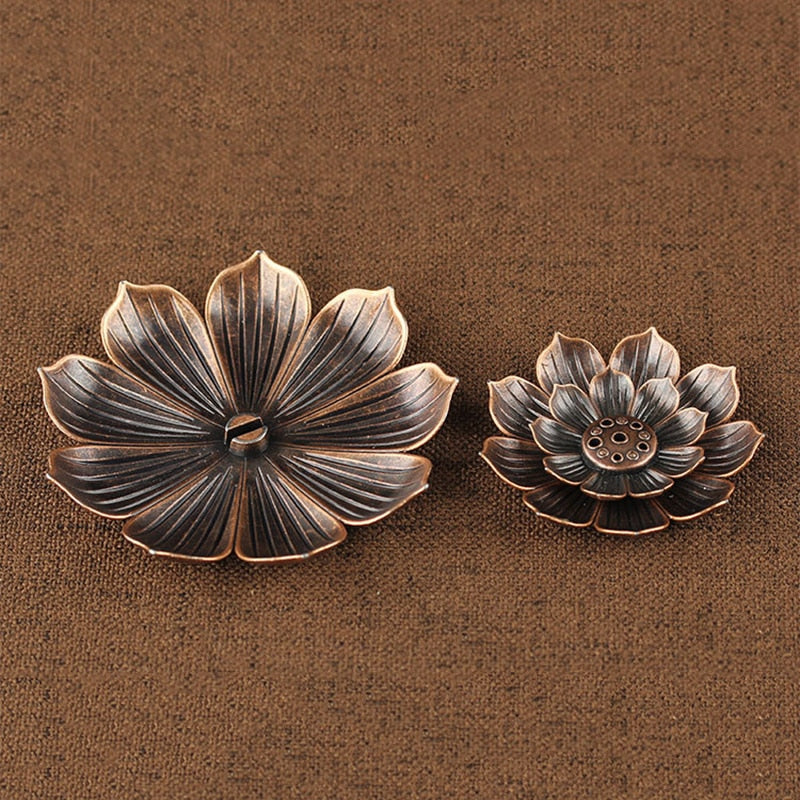 VibeCore Lotus Incense Holder, set of 2 pieces, featuring a 3-layer lotus design made of durable zinc alloy, with 5 holes for incense sticks or cones, designed to create a serene zen atmosphere.