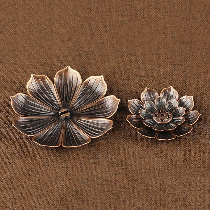 VibeCore Lotus Incense Holder, set of 2 pieces, featuring a 3-layer lotus design made of durable zinc alloy, with 5 holes for incense sticks or cones, designed to create a serene zen atmosphere.