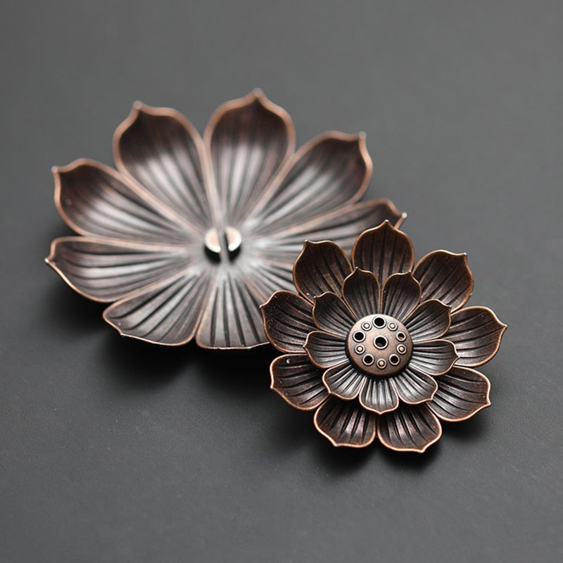 VibeCore Lotus Incense Holder, set of 2 pieces, close-up of the 3-layer lotus design, showcasing the intricate detailing and 5 holes for incense sticks or cones.